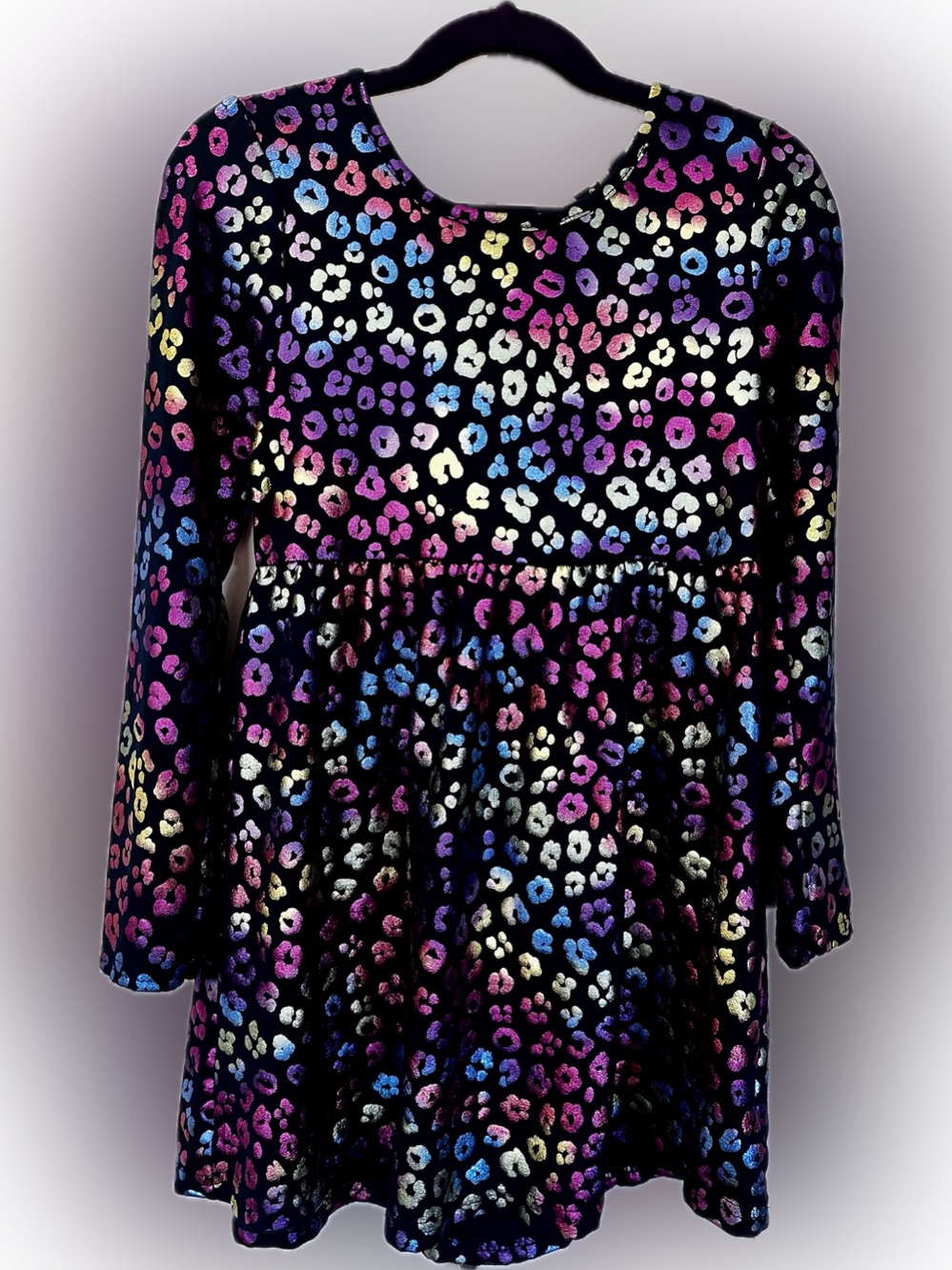 Kids Rainbow Metallic Leopard Print Long Sleeve Cutout Back Dress Navy Blue